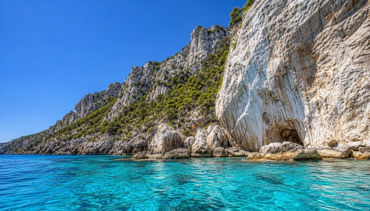 Limestone cliffs dropping into the turquoise sea near Cala Gonone, Sardinia.