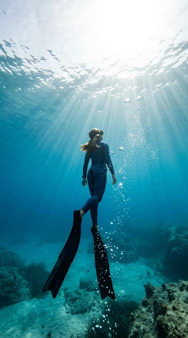 A freediver rising toward the sun-struck surface in a stream of bubbles.