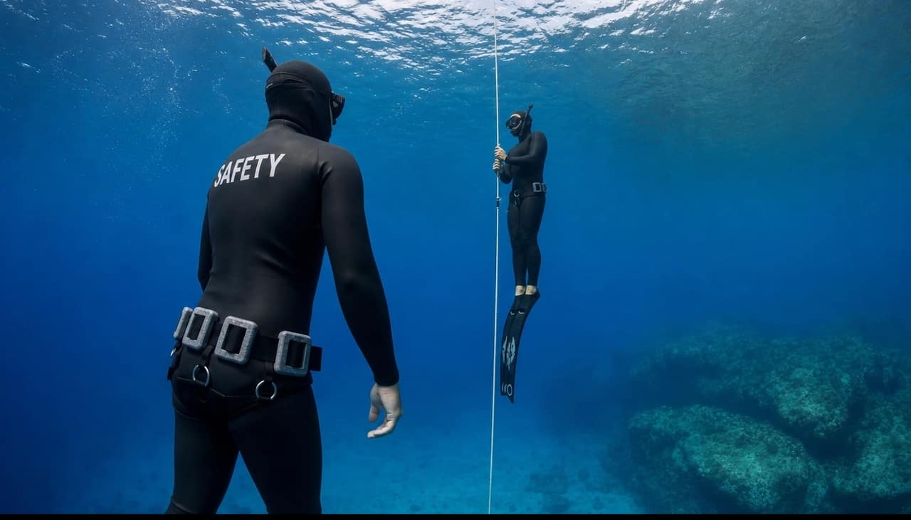 A safety diver watching a freediver descend the line — nobody descends alone.
